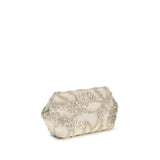A small, irregularly shaped clutch bag with a textured cream fabric body and intricate silver beadwork and sequin embellishments, set against a plain white background.