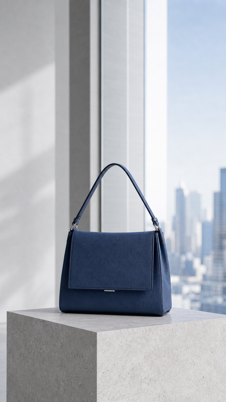 LX Archive Lab sapphire bag in a bright cool-toned luxury interior, mobile composition